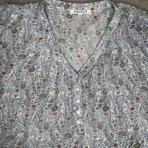 Rose + Olive Blouse Womens 1X Blue Floral V Neck Button Front 3/4 Sleeve Top